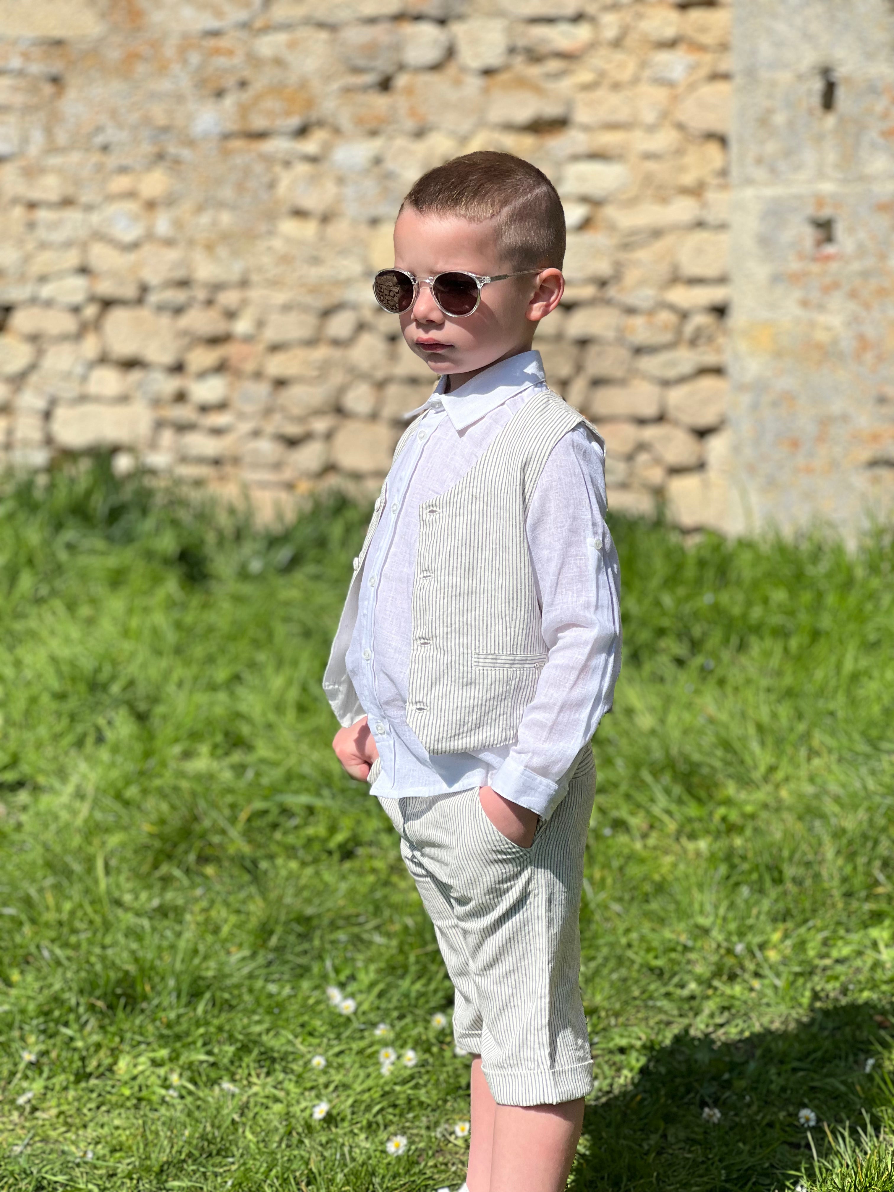 Lorenzo - Ensemble champêtre de cérémonie 4 pièces à rayures grises et bermuda