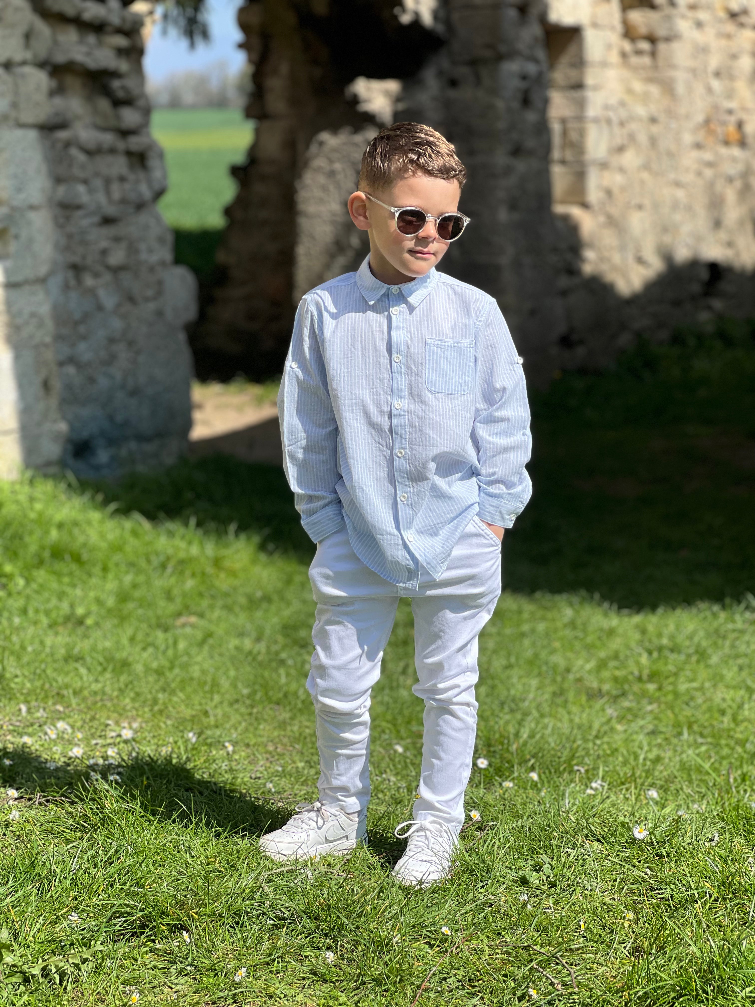 Mathis - Chemise bleu pastel à rayures blanches pour garçon