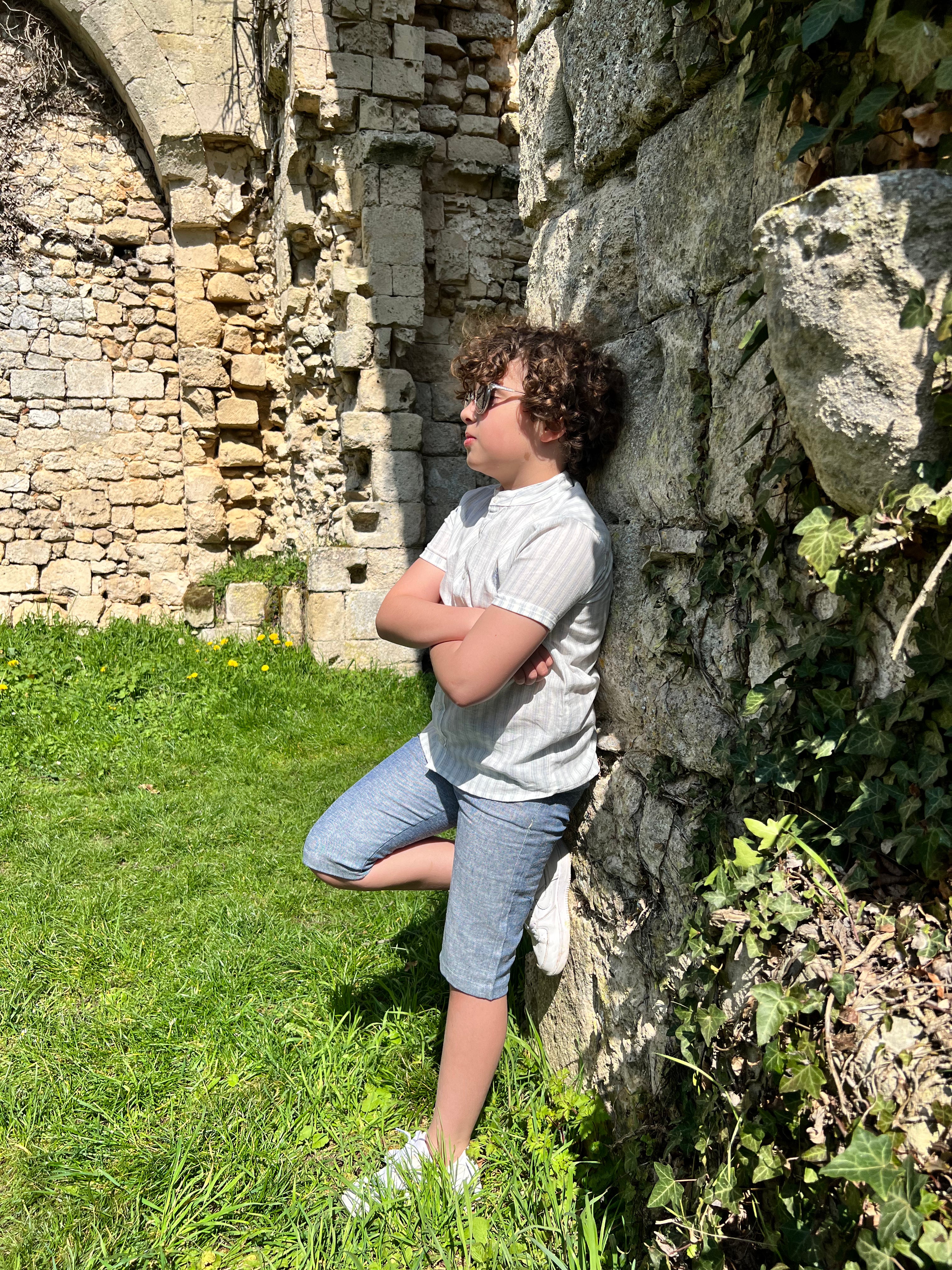 Ilyan - Ensemble champêtre garçon chemise à rayures bleu clair à manches courtes col Mao et bermuda bleu