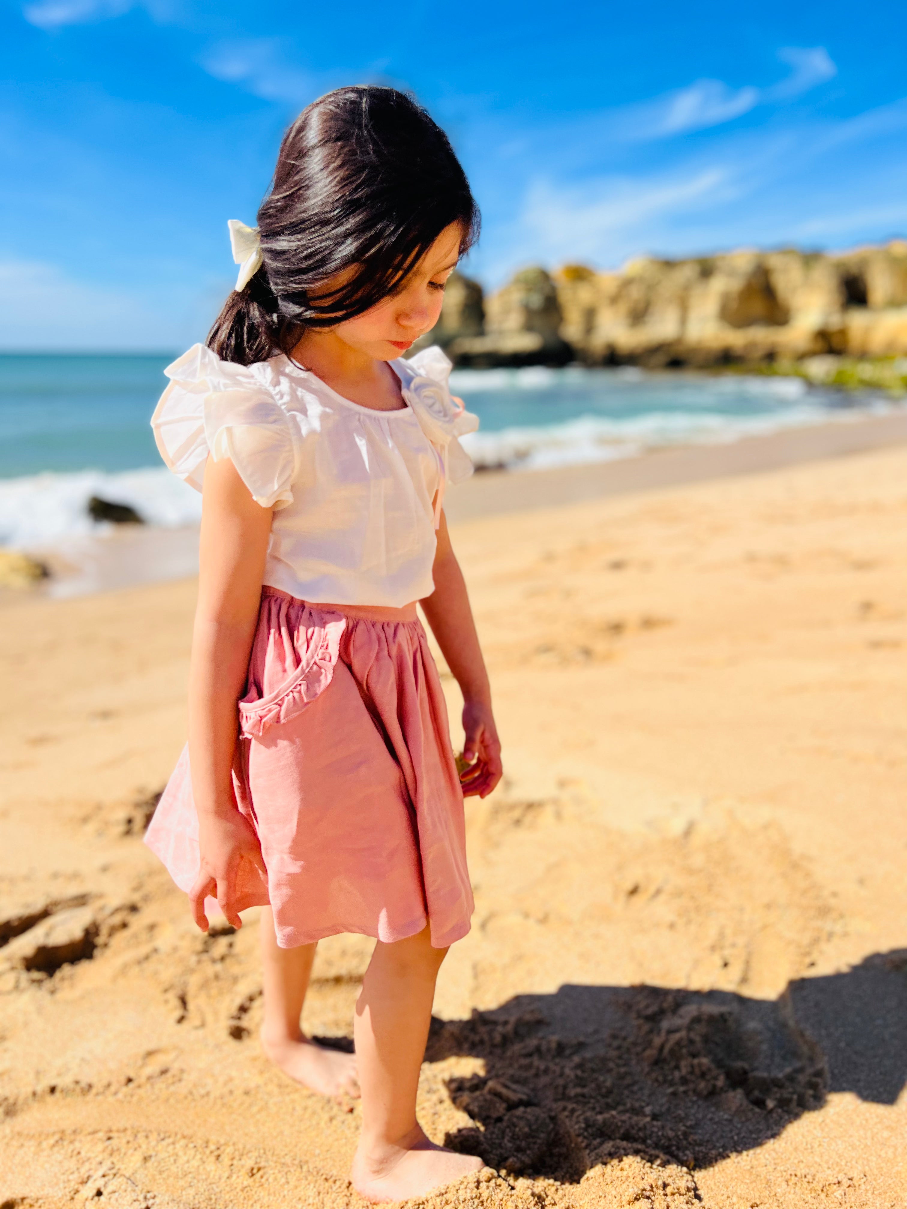 Noémie - Ensemble de cérémonie champêtre blanc et rose pour fille