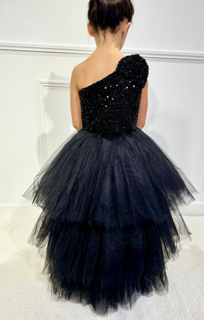Amelia - Robe asymétrique en sequins pour enfant avec traine en tulle