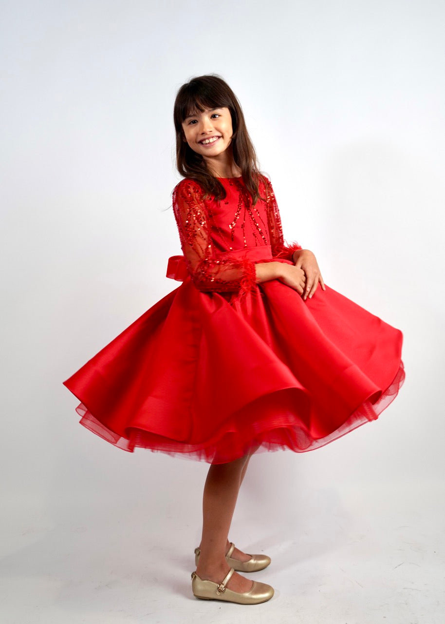 Hana - Robe en satin rouge avec perles et strass