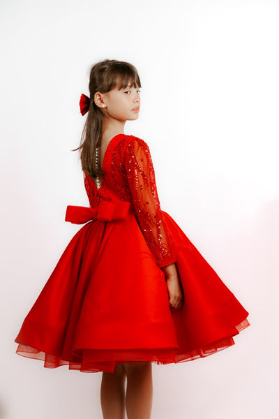 Hana - Robe de cérémonie en satin rouge pour fille avec manches ornée de perles et de strass