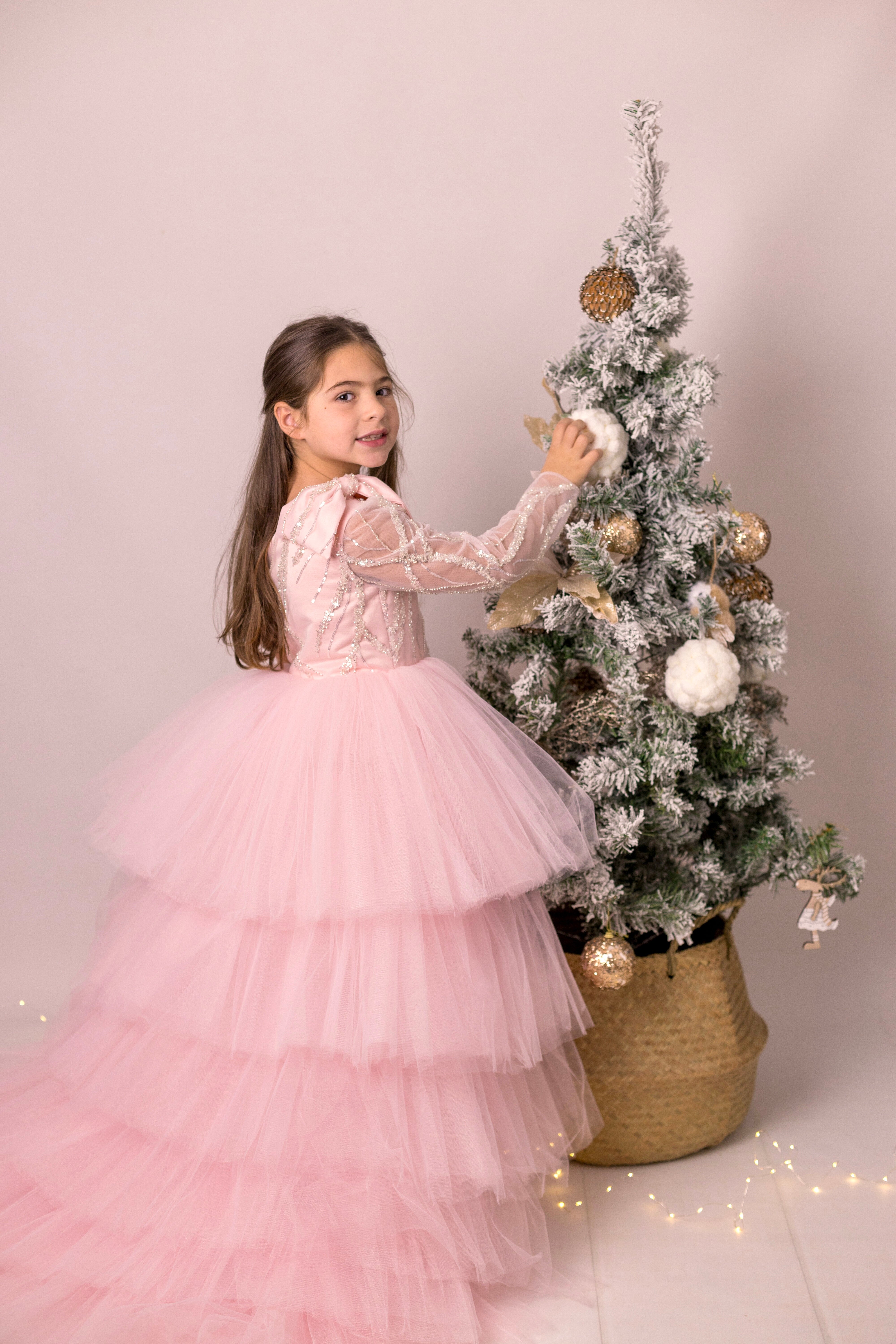 Sienna- Robe de cérémonie asymétrique ornée de perles et strass avec traine en tulle pour fille