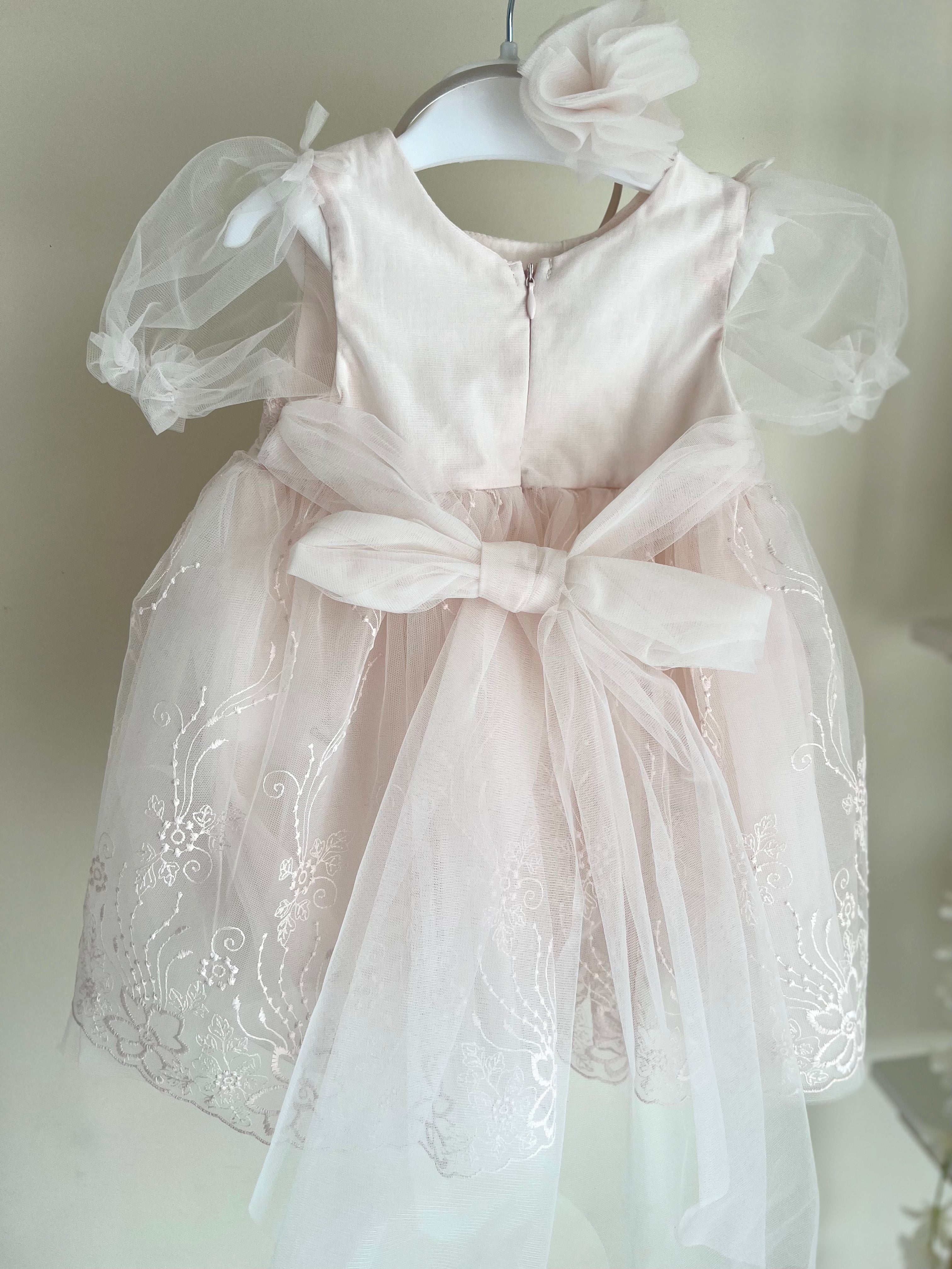 Robe bébé à dentelle rose noeud