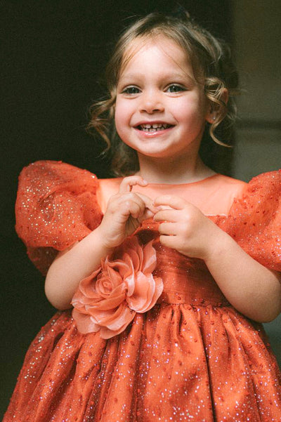 Lola - Robe de cérémonie à manches bouffantes couleur terracotta pour fille