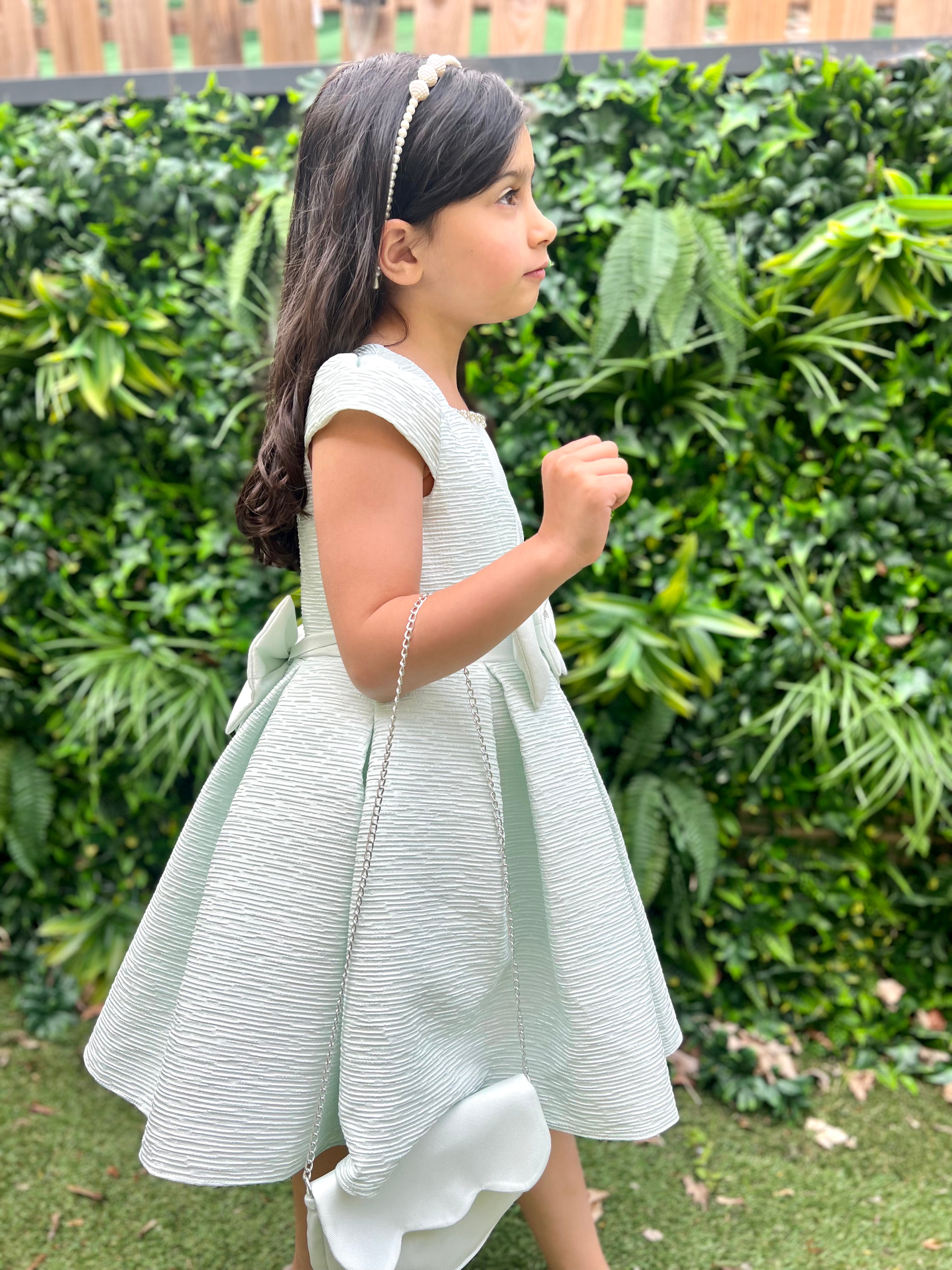 Talia - Robe de cérémonie rose ou vert d'eau pour fille avec sac bandoulière en chaine inclus