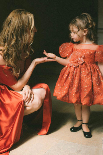 Lola - Robe de cérémonie à manches bouffantes couleur terracotta pour fille