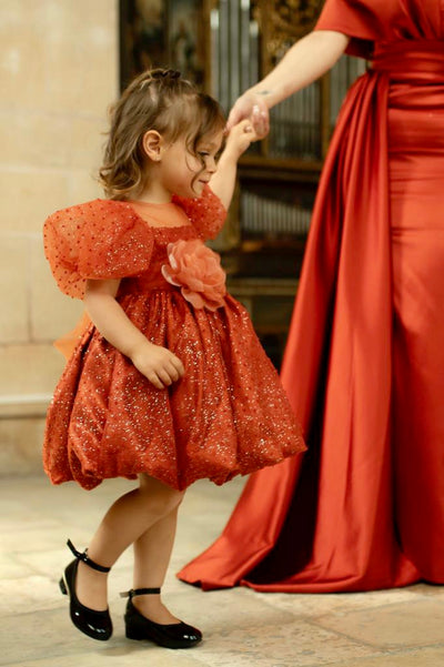 Lola - Robe de cérémonie à manches bouffantes couleur terracotta pour fille