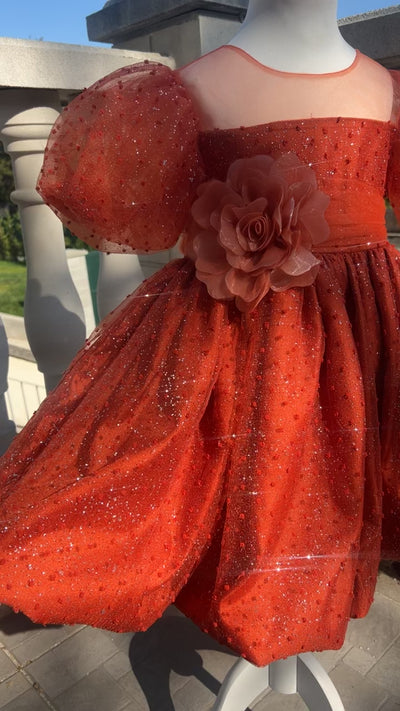Lola - Robe de cérémonie à manches bouffantes couleur terracotta pour fille