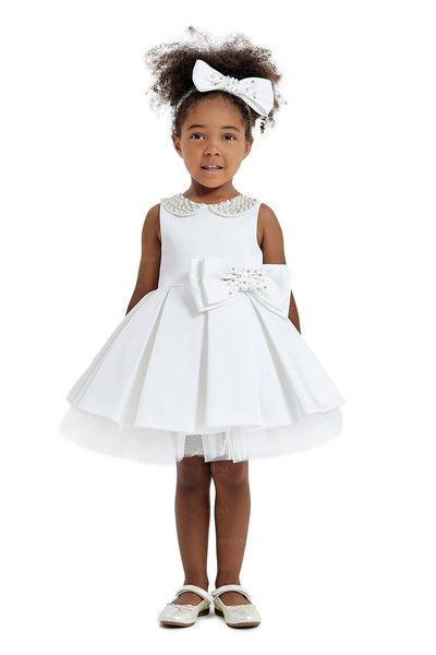 Emma - Robe blanche en satin pour bébé avec col orné de perles pour anniversaire