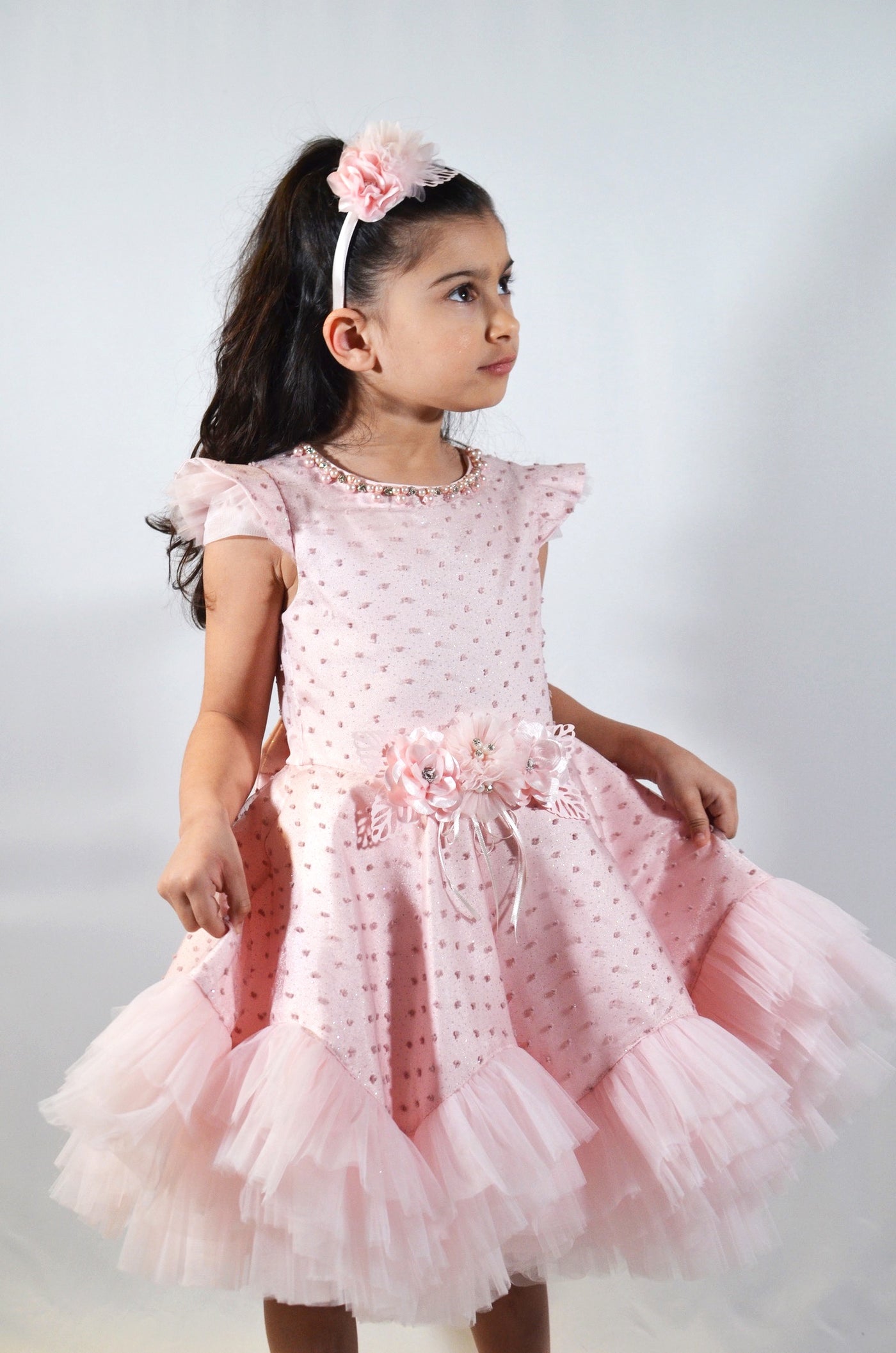 Rosalia - Robe rose pour fille en tulle pour mariage, baptême, anniversaire avec serre-tête inclus