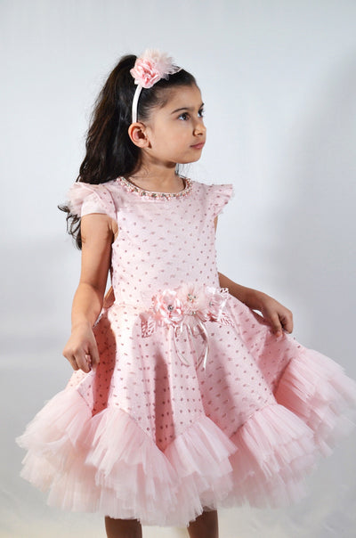 Rosalia - Robe rose pour fille en tulle pour mariage, baptême, anniversaire avec serre-tête inclus