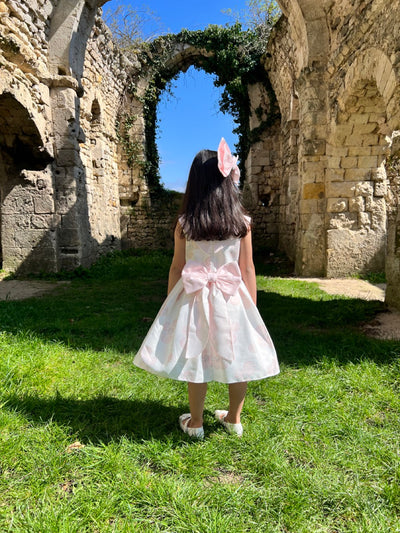 Lena - Robe fille élégante blanche et rose col bateau pour cérémonie