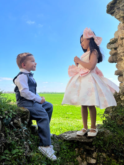 Lena - Robe fille élégante blanche et rose col bateau pour cérémonie