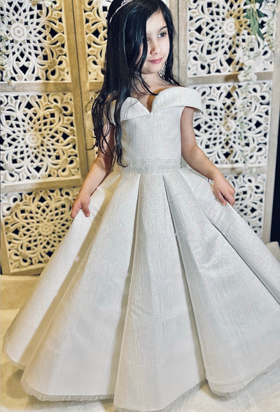 Angelina - Robe blanche en tulle à paillette perlée pour fille d'honneur