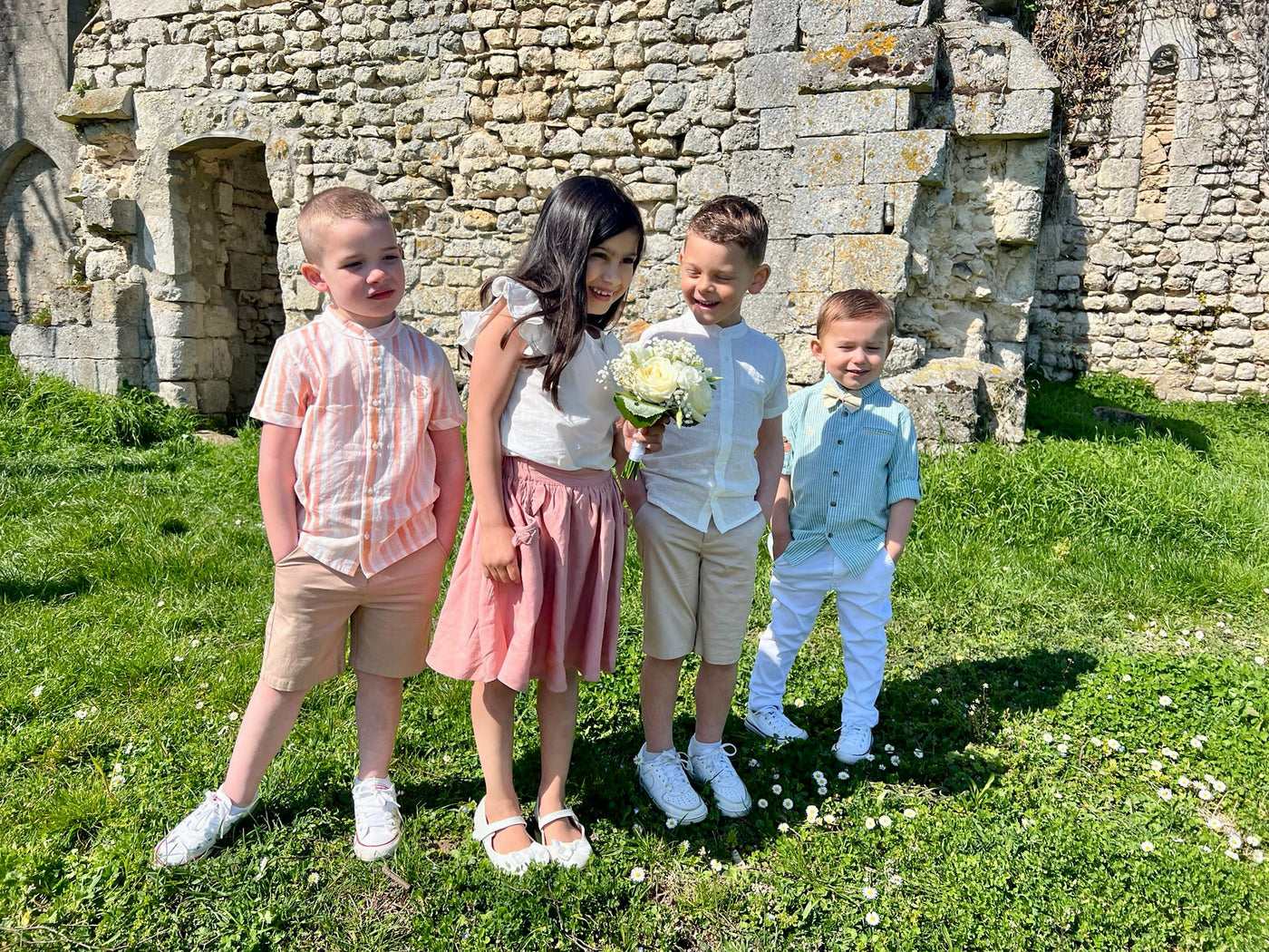 Nino - Ensemble champêtre garçon chemise à rayures roses à manches courtes col Mao et bermuda beige