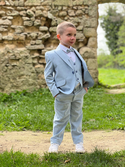 Evan - Costume bleu pastel 5 pièces à fines rayures pour mariage