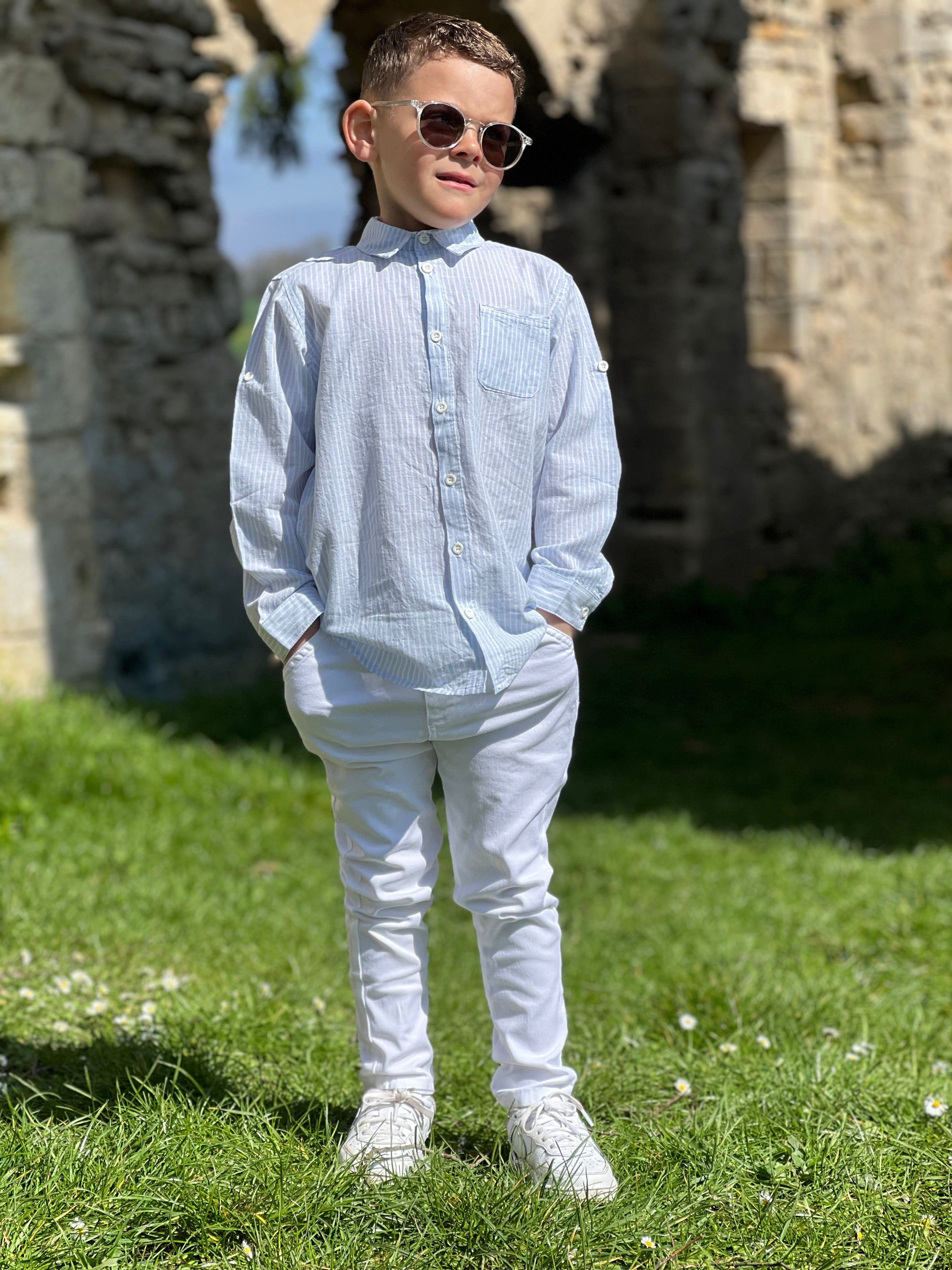 Mathis - Chemise bleu pastel à rayures blanches pour garçon