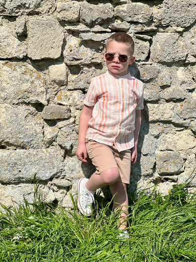 Nino - Ensemble champêtre garçon chemise à rayures roses à manches courtes col Mao et bermuda beige
